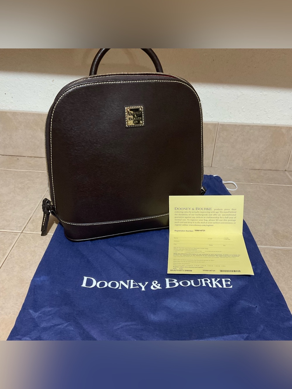Dooney & Bourke Dark Brown Leather Backpack with Gold Hardware nwt